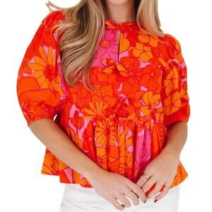 J.Marie The Lizzie Floral Tie Top - Orange Pink Size XS
